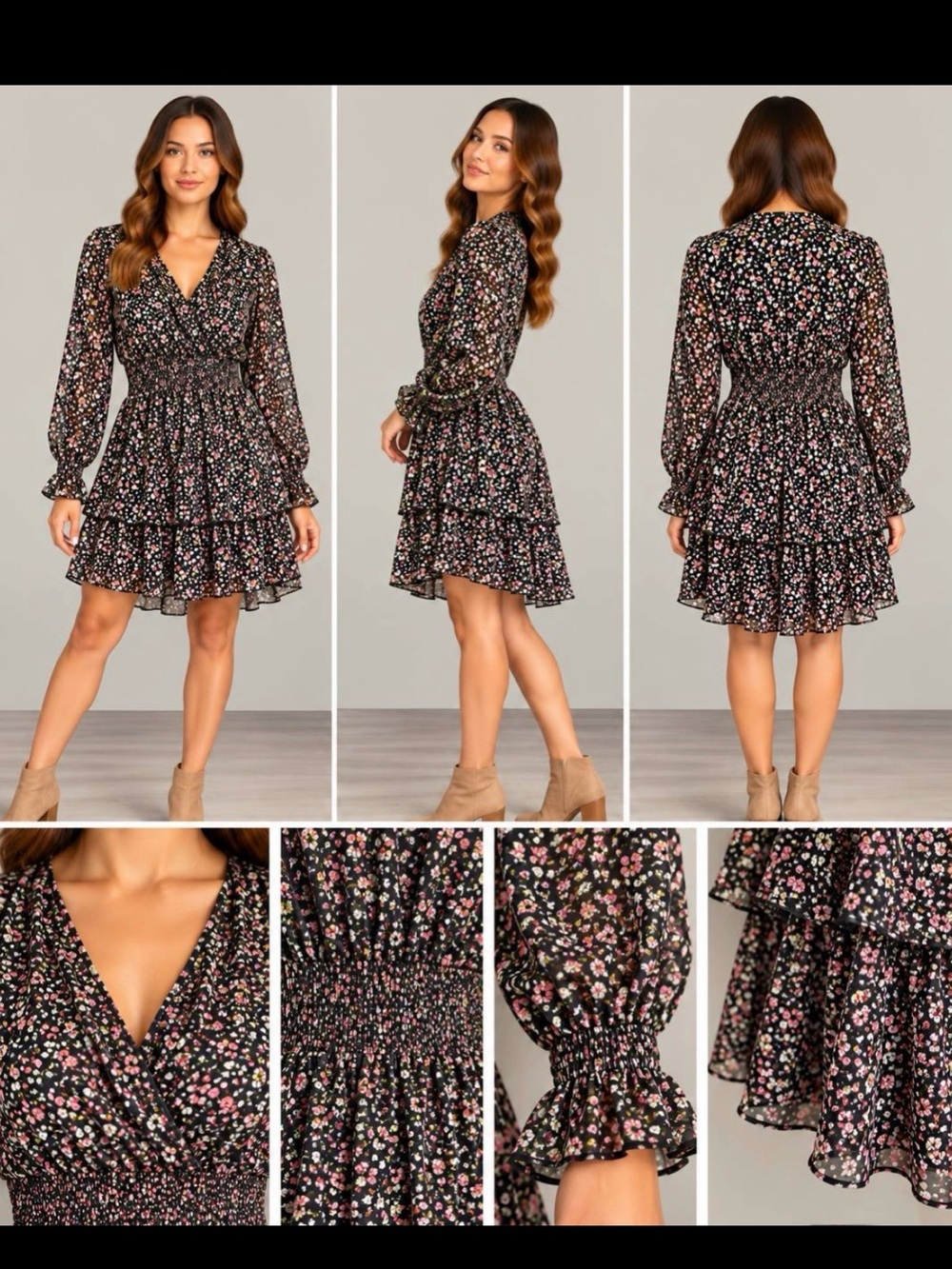 Woman Timing Black Floral V-Neck Long-Sleeve Tiered Dress NWT